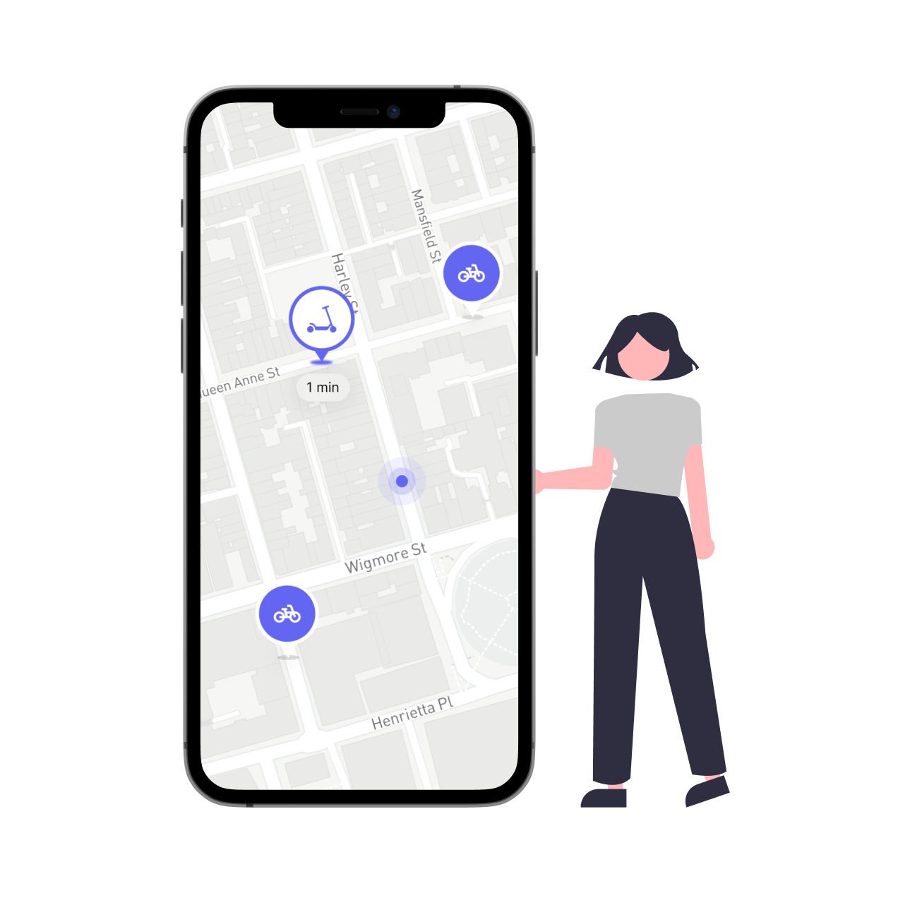 Illustration of a woman holding a phone with open map, user's location, and nearby Plum e-bikes and e-scooters