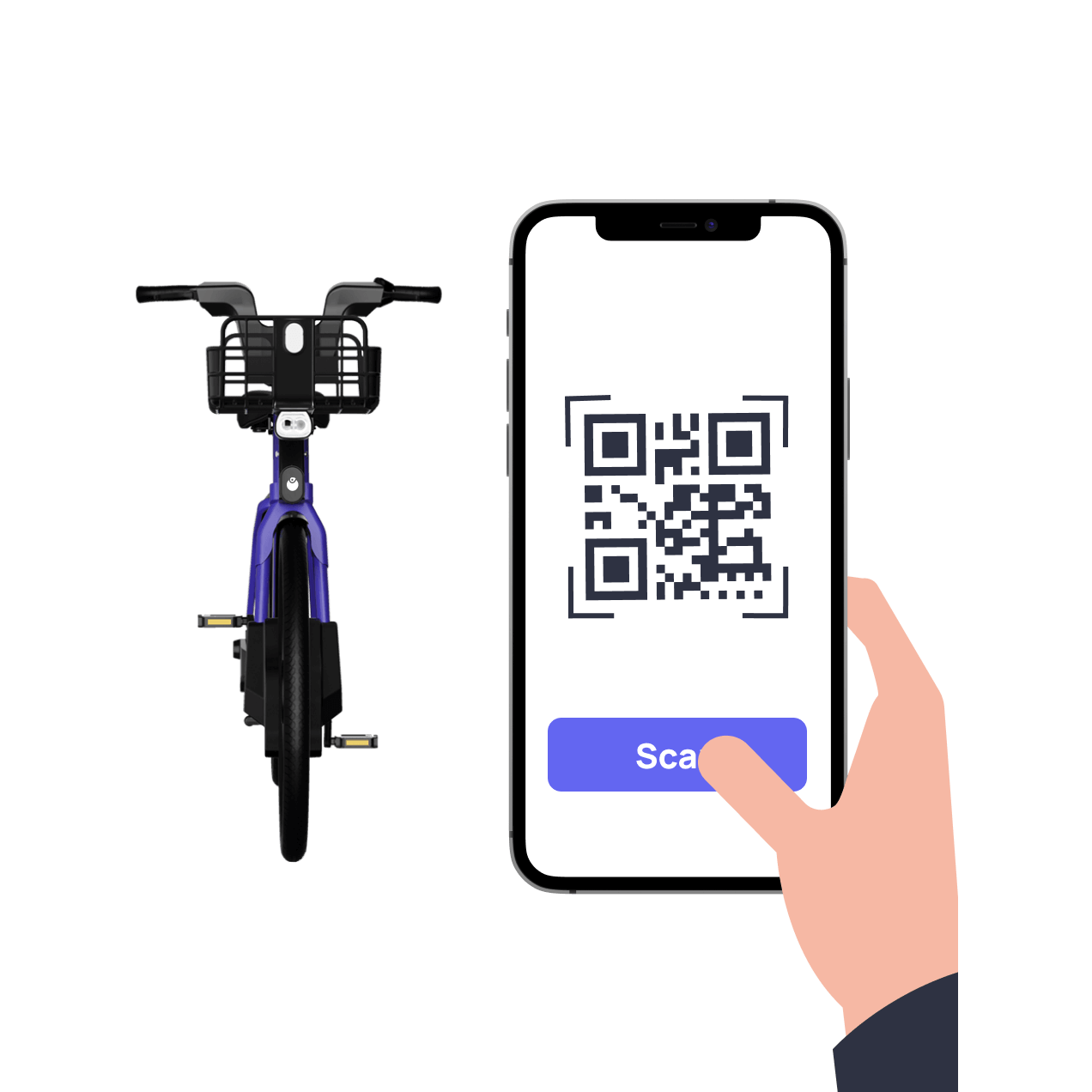Image of Plum e-bike on the left, illustration of hand holding phone with QR code and 'Scan' button on the right