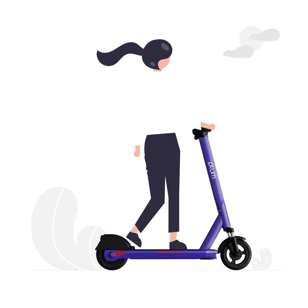 Illustration of a woman wearing a helmet while riding on a Plum e-scooter