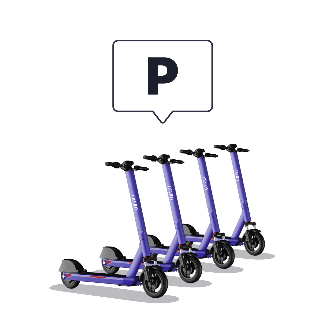 Plum e-scooters parked orderly with a parking sign above