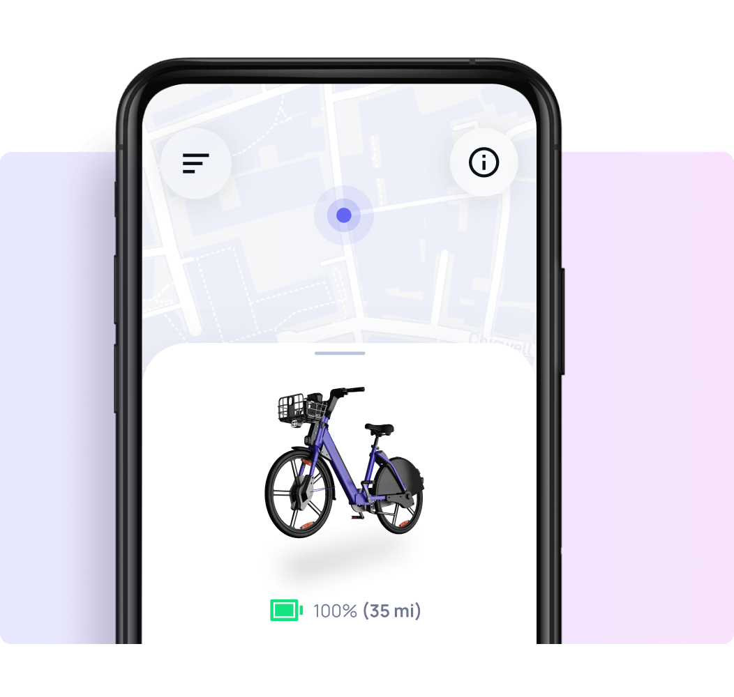 Phone screen showing Plum rider app with map of user's location, electric bike, and battery status on gradient background